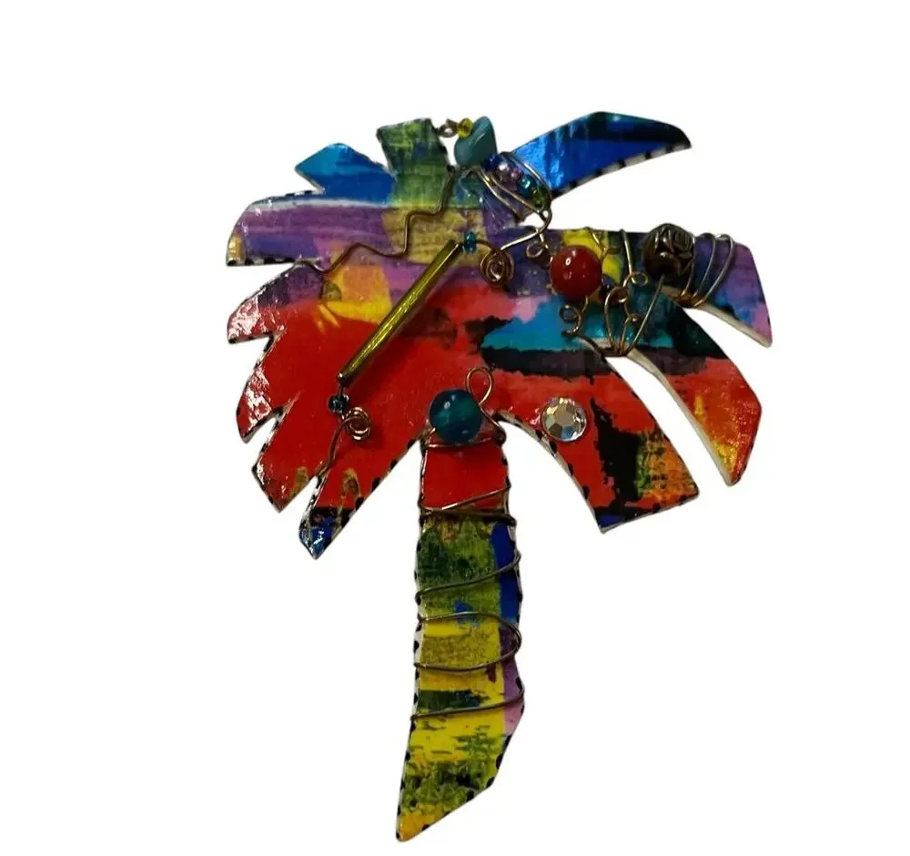 Palm Tree Brooch PIN Wire & Beads On Paper Signed By AR Tickles 1995 Coconuts